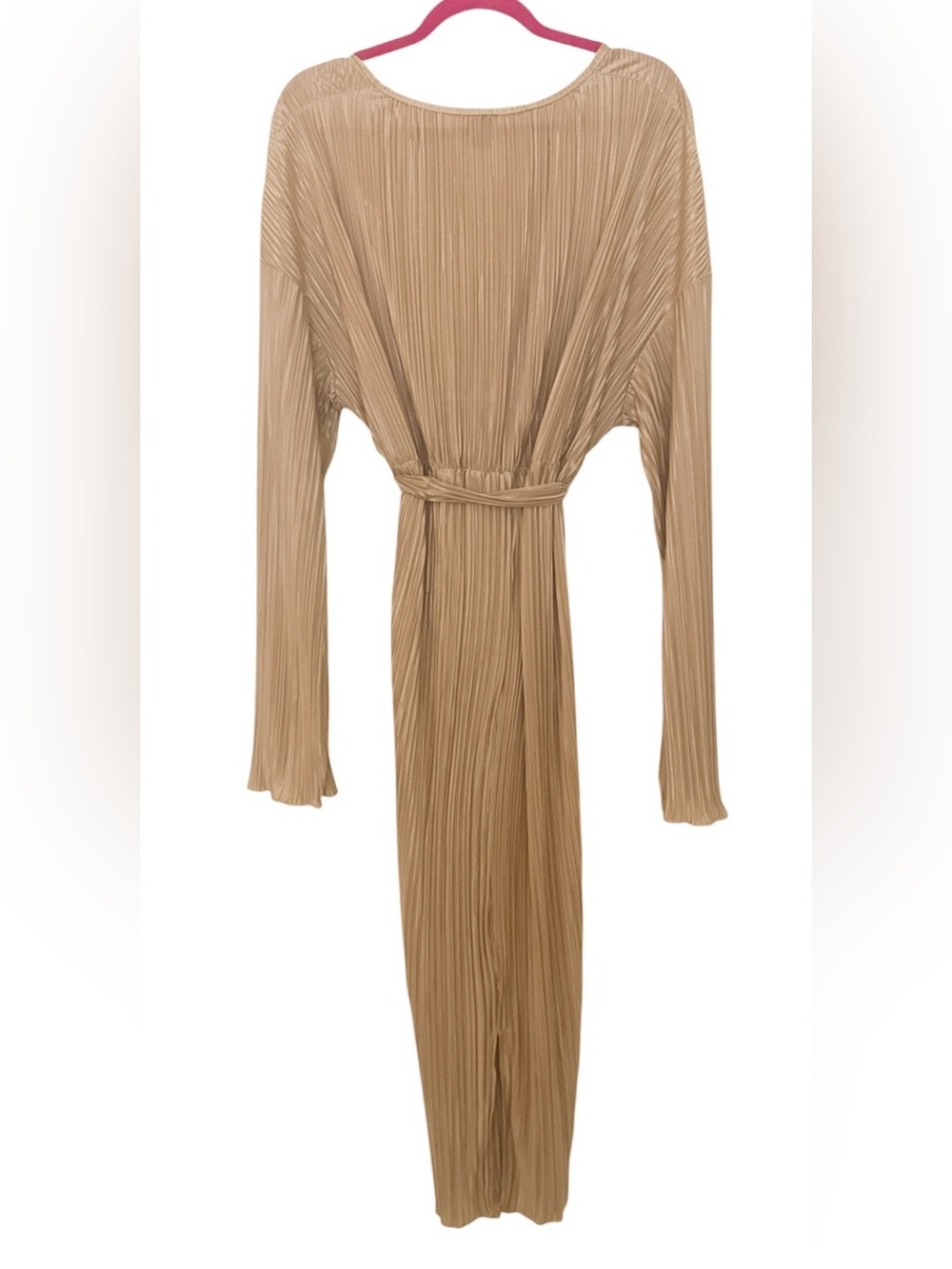 SHEIN Champagne Pleated Long Sleeve Wrap Dress with Tie Waist - Picture 2 of 5